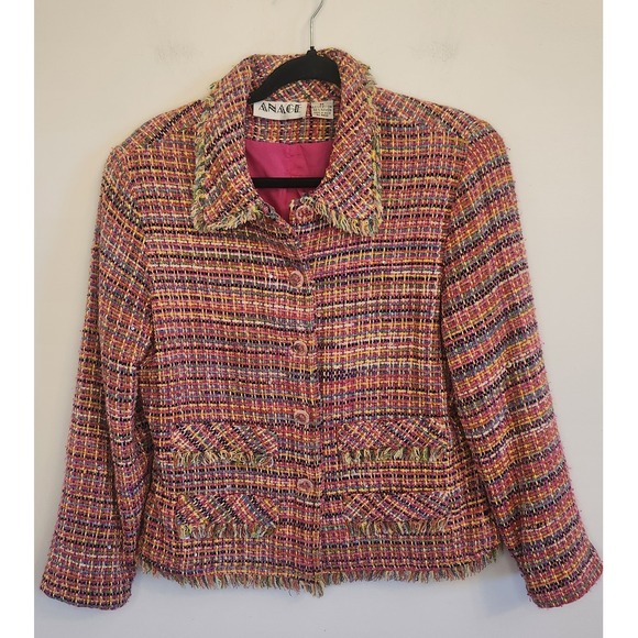 Vintage Anage Pink Tweed Jacket Womens Medium Blazer Retro Careerwear - Picture 1 of 8